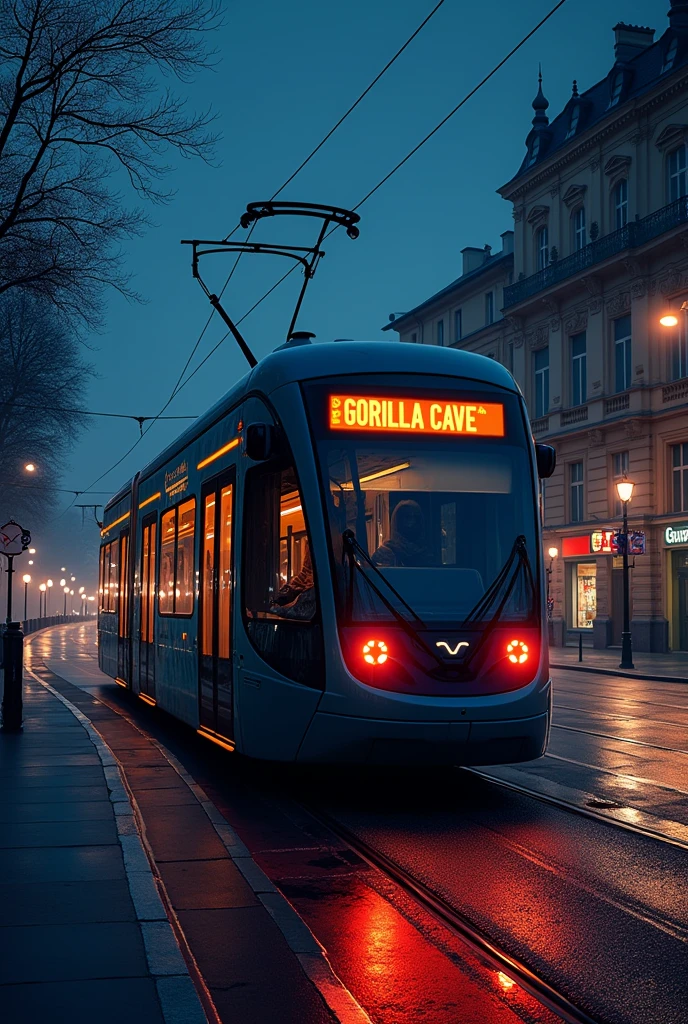 A graphic showing a tram. 
Vienna, modern 
Mit der aufschrifft Gorilla Cave 
Das ganze bei nacht
Die Stadt Vienna im hintergrund
Straßenbahnanzeigetafel Gorilla Cave