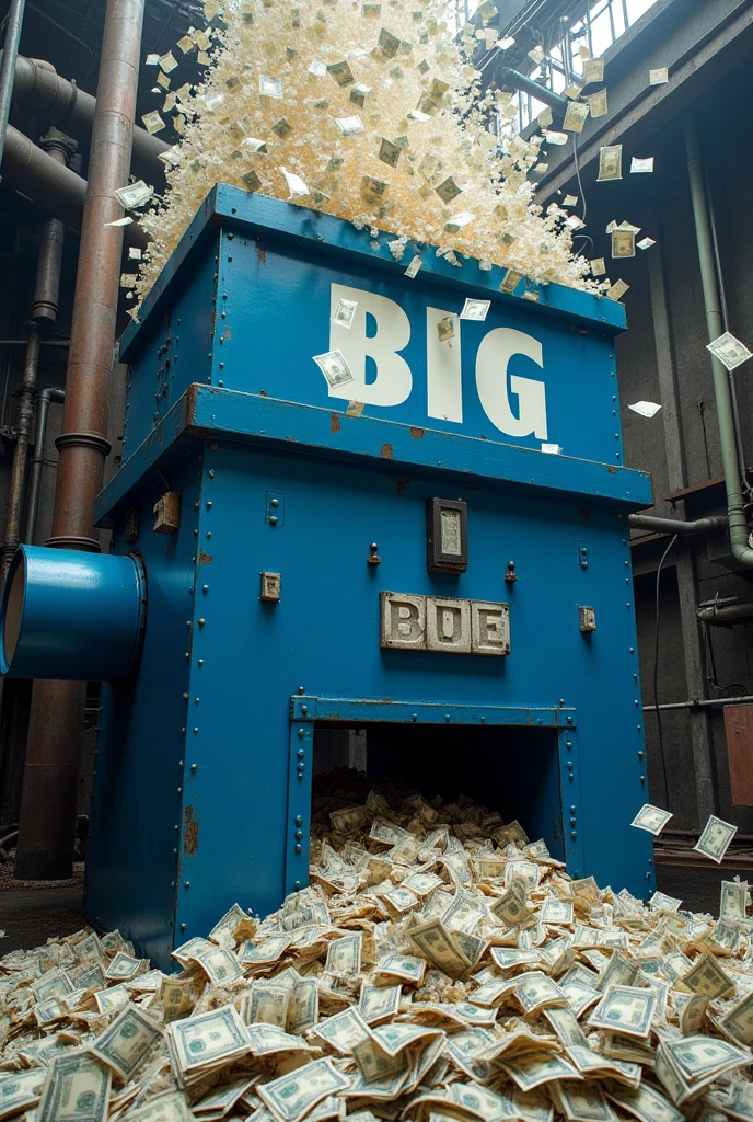 Blue long industrial shredder with Big Blue written on it, spewing out money