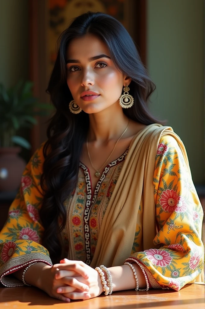 Lady in Pakistani dress around 35 to 40 sitting posture on table