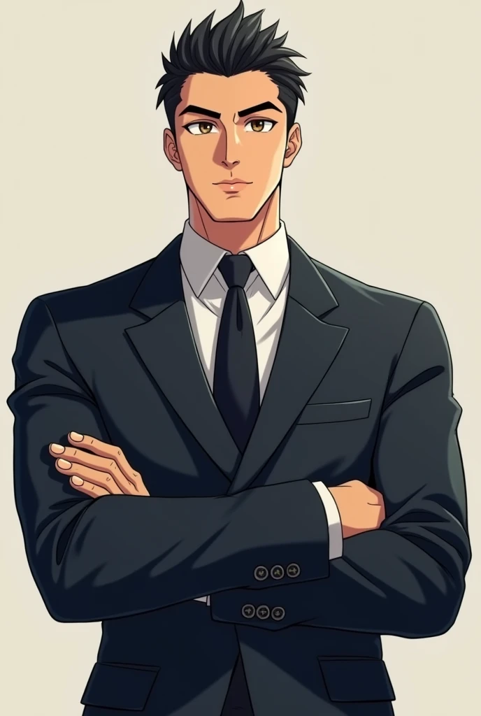 A 38-year-old, tall, rich businessman with a young face, wearing a suit, brown eyes, relatively thick eyebrows, medium nose, handsome, standing and looking in front. His body is hot and strong, his black hair is neat . anime guy