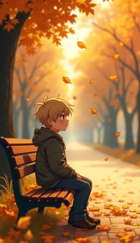 A boy with tousled blonde hair, wearing a casual jacket, sits on a park bench during autumn. His face is full of nostalgia as he watches the golden leaves fall around him, remembering times gone by. The park is quiet, with a pathway covered in leaves leading off into the distance. [Anime style, inspired by 90's slice-of-life series], [Warm, soft lighting, deep autumn colors, focus on the boy and falling leaves, shallow depth of field, blurred background, soft textures]