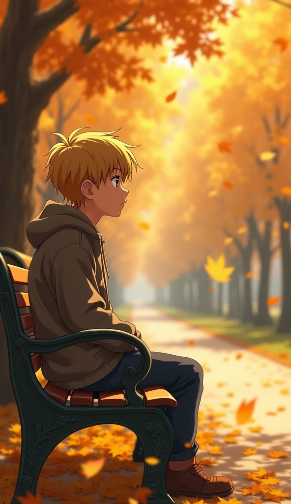 A boy with tousled blonde hair, wearing a casual jacket, sits on a park bench during autumn. His face is full of nostalgia as he watches the golden leaves fall around him, remembering times gone by. The park is quiet, with a pathway covered in leaves leading off into the distance. [Anime style, inspired by 90's slice-of-life series], [Warm, soft lighting, deep autumn colors, focus on the boy and falling leaves, shallow depth of field, blurred background, soft textures]