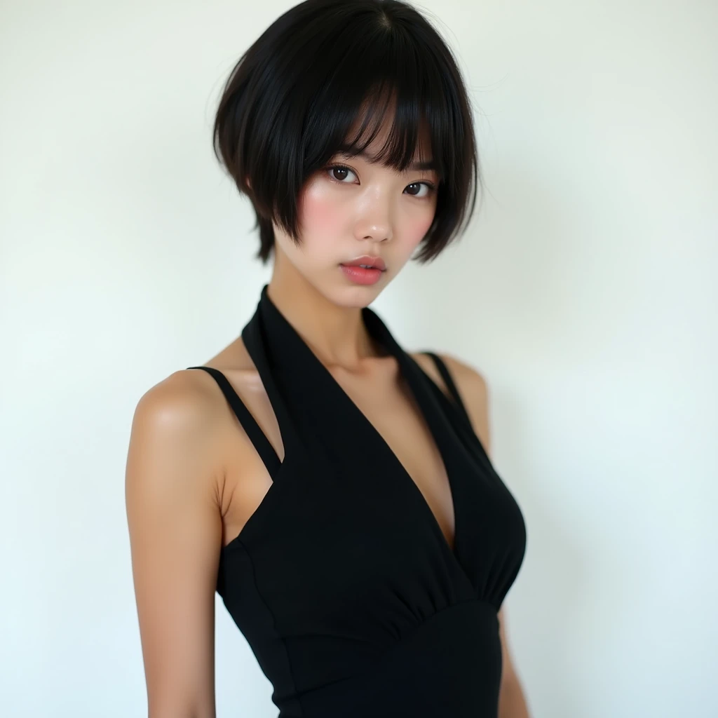 Remaja wanita jepang rambut pendek
expresi sombong ,berbaju hitam ,ultra hd,ultra 4k,realistis, background putih, foto sepinggang,