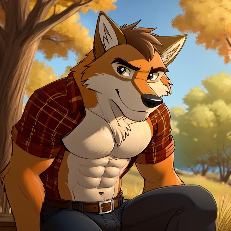 best quality, (masterpiece), (ultra detailed), (high quality), (high resolution), cartoon, tall handsome sexy orange wolf, strong abs, long dark brown hair, orange tail, two tone orange fur, two-tone fur, wolf ears, beautiful wolf face, wolf muzzle, beautiful detailed eyes, nice shading, sitting, red flannel country shirt, black  jeans, nature, male, happy, facing and staring at viewer, orange fur, sexy body, 