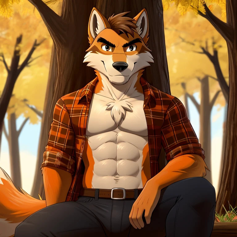 best quality, (masterpiece), (ultra detailed), (high quality), (high resolution), cartoon, tall handsome sexy orange wolf, strong abs, long dark brown hair, orange tail, two tone orange fur, two-tone fur, wolf ears, beautiful wolf face, wolf muzzle, beautiful detailed eyes, nice shading, sitting, red flannel country shirt, black  jeans, nature, male, happy, facing and staring at viewer, orange fur, sexy body, 