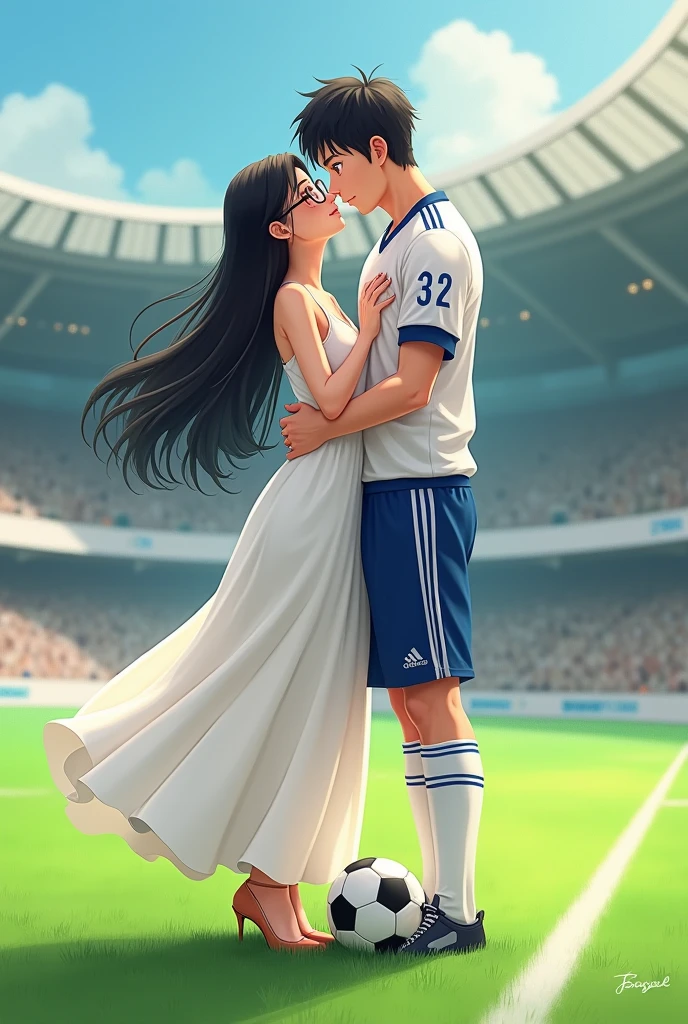 A woman and man standing in football ground looking at each lovingly and hugging each other.woman is wearing a dress and glasses.she has black hair .man is wearing a white and blue 32 number jersey. Man is 1 feet taller than girl. Man one foot standing on soccer ball . Girl is wearing high heel and long white dress make girl hair set
