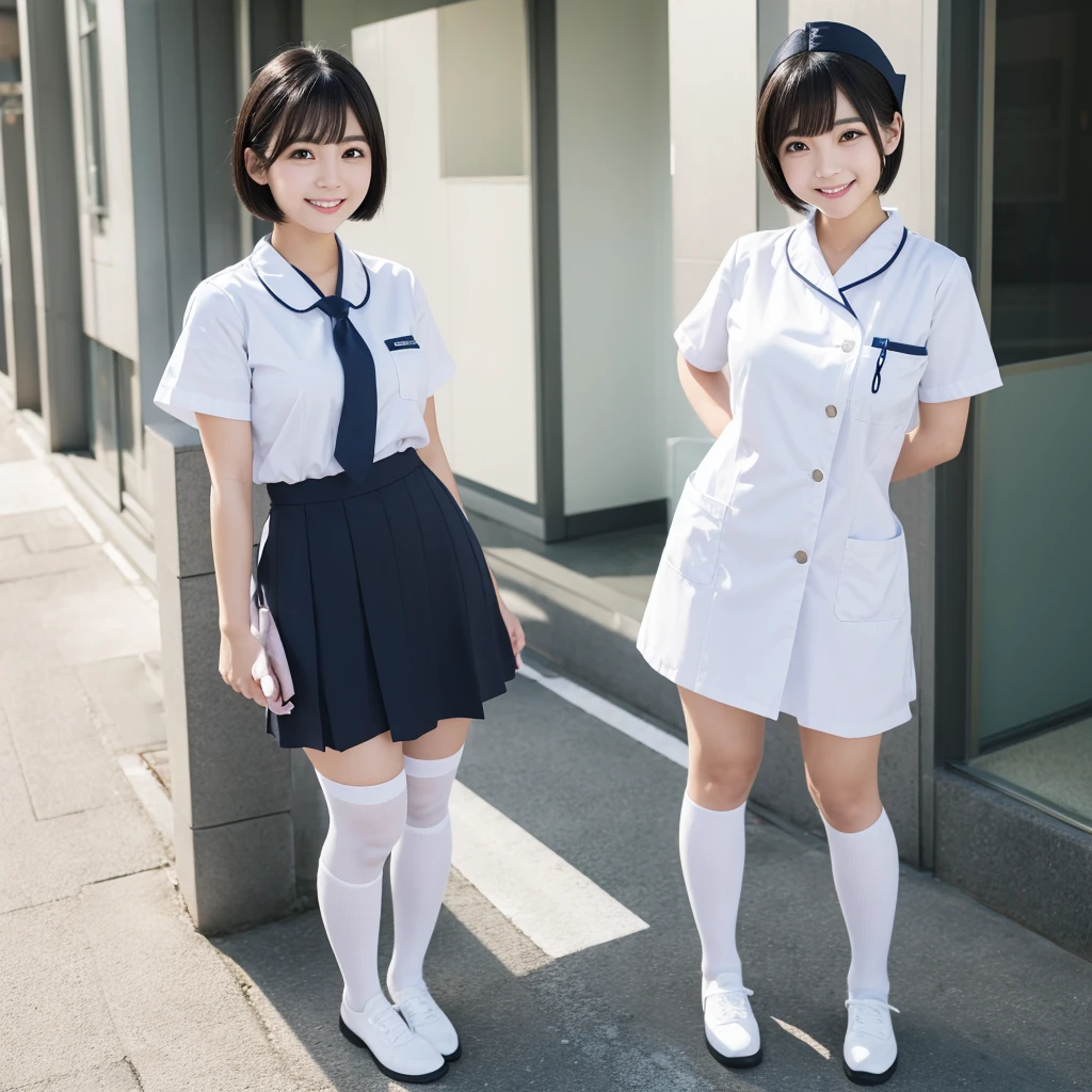 White knee-high socks、Nurse uniform、White pumps、Japanese women、whole body、Black Hair、short hair、Standing posture、smile、 High resolution, Gaze, Anatomically correct, Highest quality、20-year-old