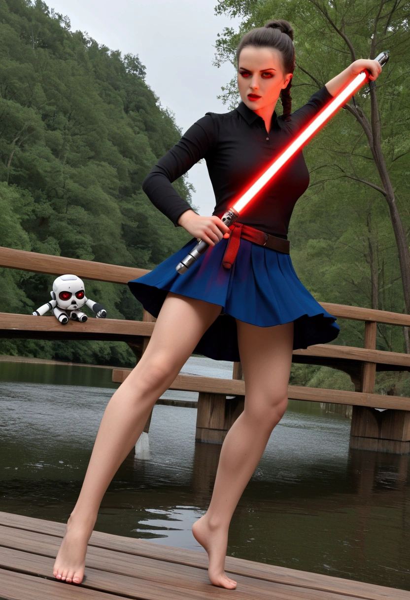 Sith Rey Skywalker, red eyes, holding a red lightsaber, wears a cleaveage dark blouse, and a mini blue skirt, standing in hanging wood bridge of over a river, dinamic pose, ready to fight, behind there is a robot, orgasm face, upskirt