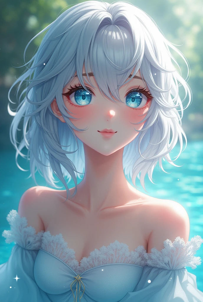 A female character named Saono, a beautiful and optimistic girl with cyan blue eyes and silver hair and a radiant face