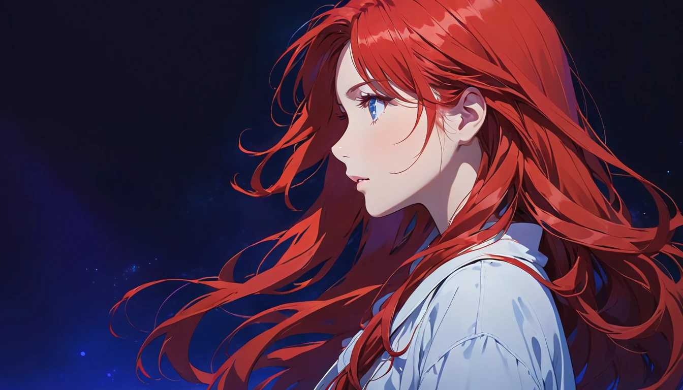 anime girl with long red hair, staring off into the distance blue light and dark purple background, 1girl, solo, profile, long hair, red hair