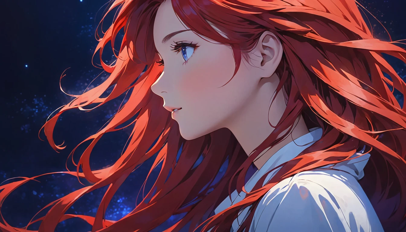 anime girl with long red  hair, staring off into the distance blue light and dark purple background, 1girl, solo, profile, long hair, red hair