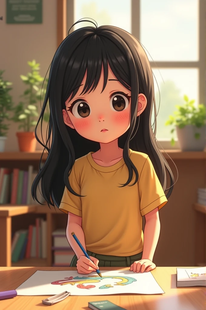 Animation of a beautiful and cute girl with a story
Korean hair. She wears a T-shirt and cargo pants. Her face is round, her hair is long, and her eyes are black. Her clothes cover her entire body. She moves spontaneously. She sits in school and draws.