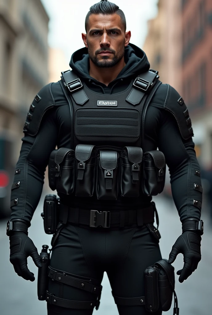 (To create an image of Manu Bennett in a black tactical suit in DALL-E, Here is a detailed description:
Manu Bennett is a man of robust and athletic build. He has an imposing height and a well-defined body., with marked muscles that stand out under the tactical suit. His face is angular and has a prominent jaw., with an expression of determination and seriousness. His eyes are intense and penetrating..
The black tactical suit he wears is tight-fitting and designed for mobility and protection.. The material has a matte finish, no shine, with a texture that suggests resistance. The suit features several padded sections on the shoulders, elbows and knees for added protection. It has multiple pockets and compartments on the chest., thighs and arms, Some of which are equipped with straps and buckles to carry additional equipment.. in their hands, wear tactical gloves, and on the feet, Black combat boots. The design of the suit is functional and stylish., with details like reinforced seams and reinforcement panels that add an air of professionalism and toughness.