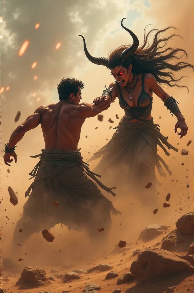 Make a demon woman by giving the elf Frierem a good punch, the protagonist of that anime. Let a powerful punch be felt, It's the end of the fight. Make the background a desert and have explosions.