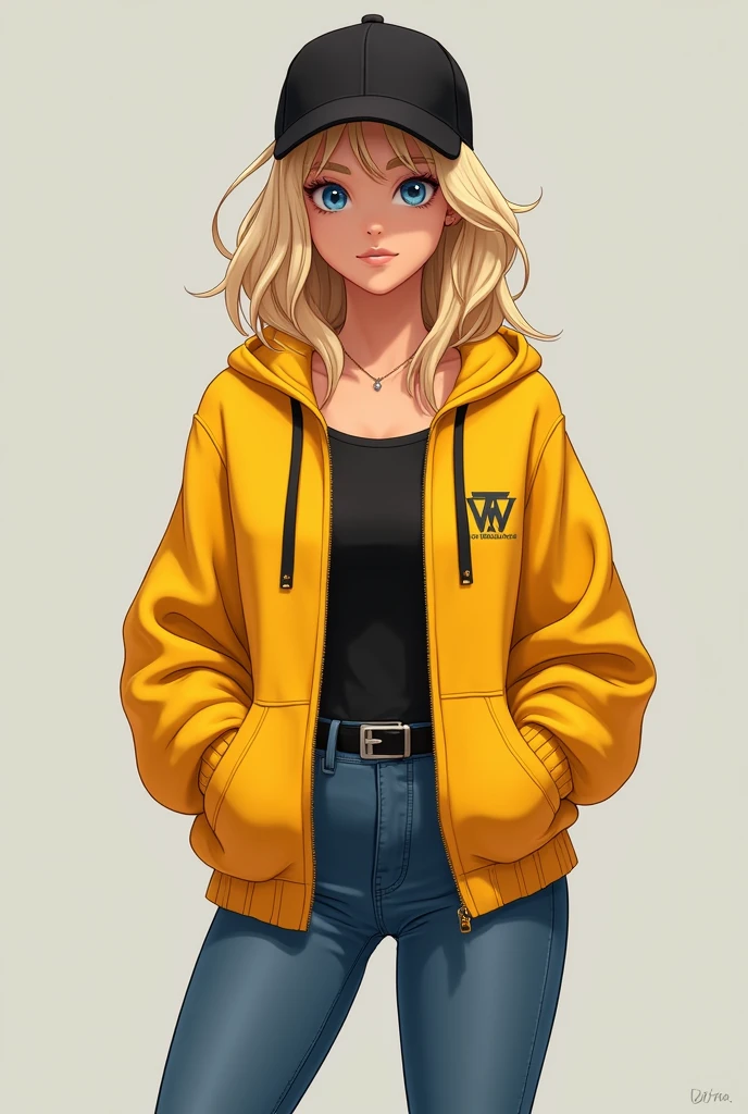 Rosemary Winters, black basecap, yellow hoodie jacket, jeans, light blonde hair