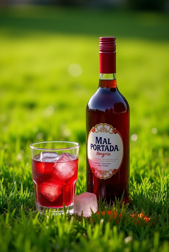 Bottle of fresh Mal Portada sangria next to a glass of ice, all about green grass