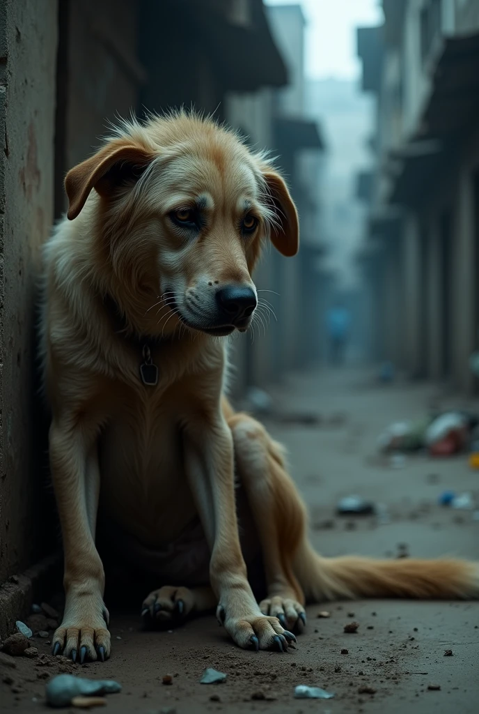 I want a video of a street dog, Bhakha, who gets beaten up a lot by the neighborhood, sitting in a corner in despair, and that's it.
