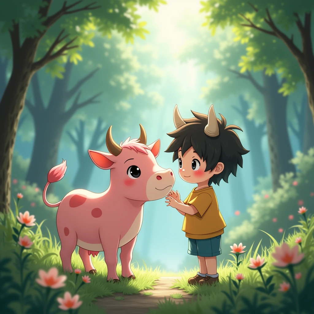 Pink cow,Cute horned boy shota, masterpiece, YuOC, PivY, Arknights, (Extremely detailed CG unity 8k wallpaper), (best quality), (Best Illustration), (Correct hand details), Shota's Back, Extremely high quality, (abyss), Beautiful and delicate light, Artworks by Peter Mohr Bacher,4k anime,可爱的Pink cow,Natural Environment