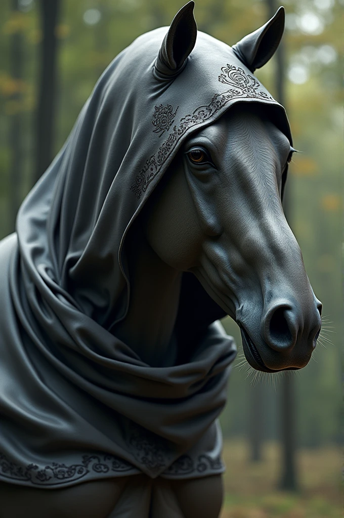 A mare wearing hood