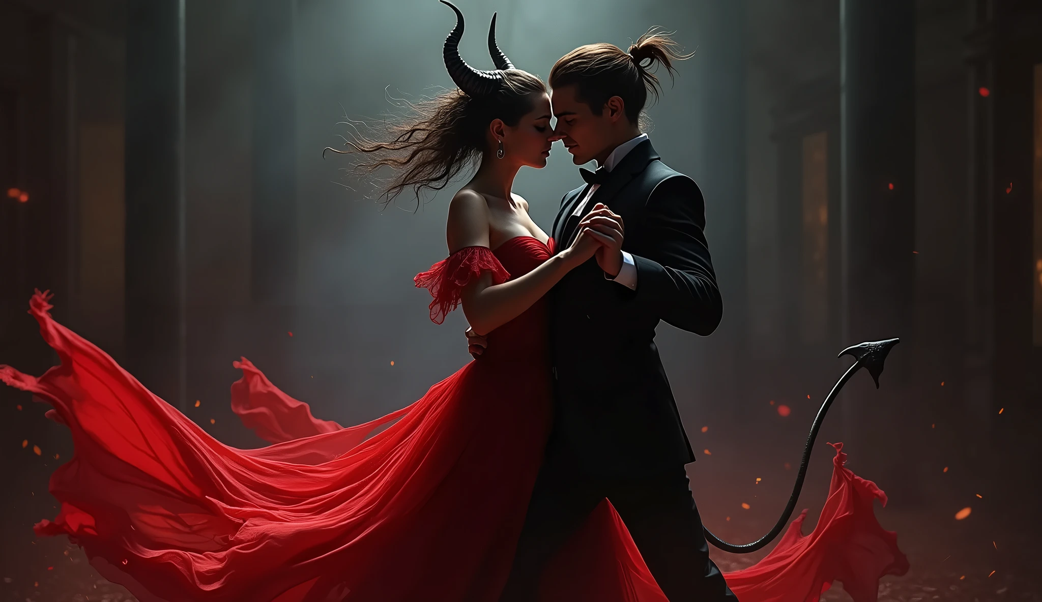In the depths of the night, a seductive female demon performs a passionate tango. Her fiery red and black dress swirls as she moves, her captivating smile and sharp horns tempting onlookers into her shadowy world. Aim for realistic depiction, make sure photos are at highest resolution (8K)