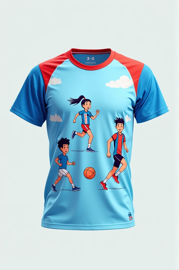 A sports t-shirt for 9--old ldren with light blue children's images that match the red color
