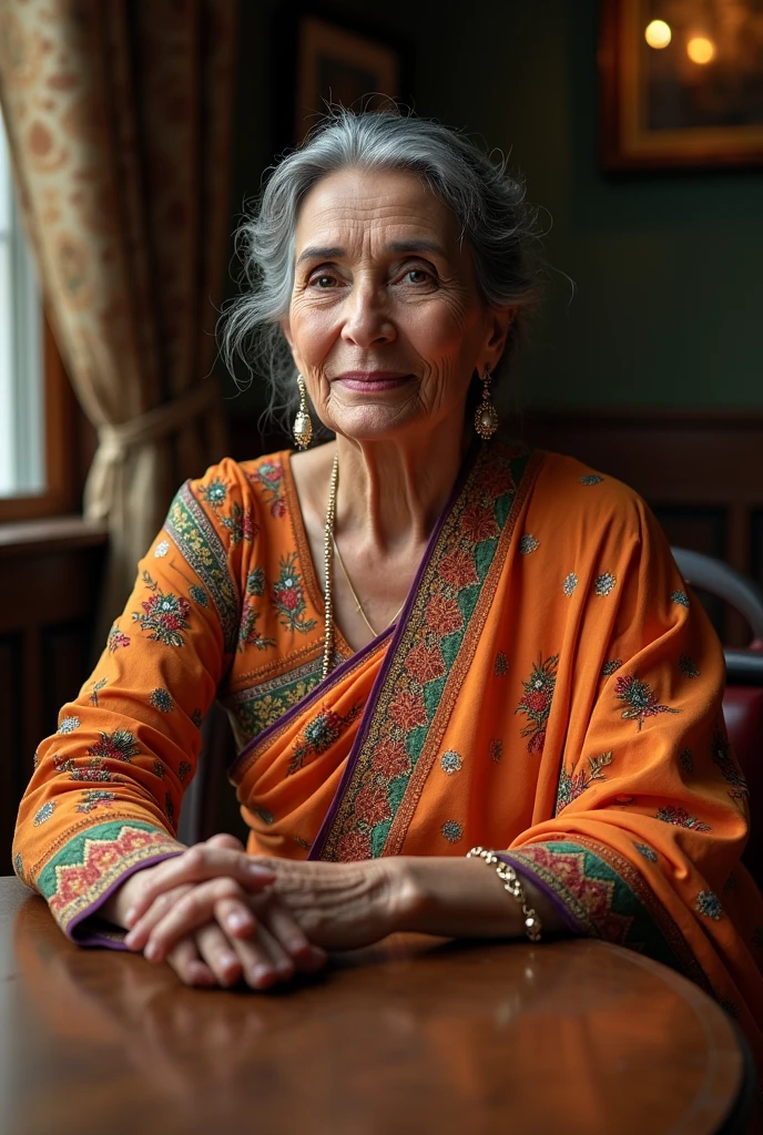 Lady in Pakistani dress around 40 to 50 sitting posture on table