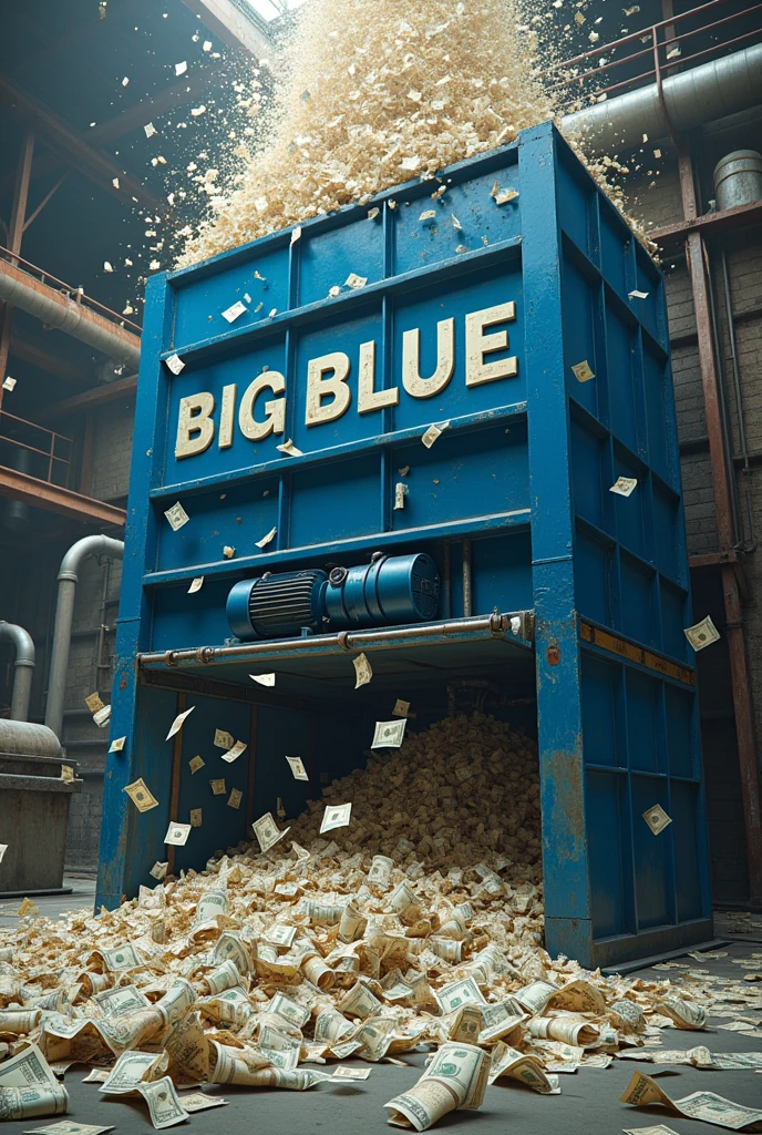 Blue long industrial shredder with Big Blue written on it, spewing out money