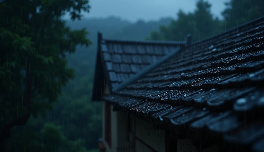 Rainy Day，Water droplets on the roof，Blurry country house roof tiles，Night view, forest background