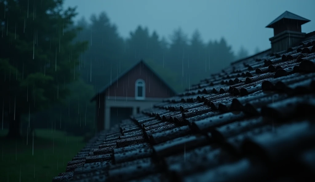 Rainy Day,Water droplets on the roof,Blurry country house roof tiles,Night view, forest background
