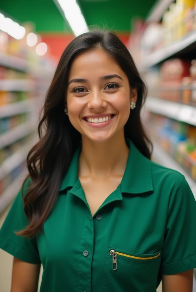 A iphone photo of a young mexican in a supermarket. She is a supermarket worker with green uniform. She is smiling to the camera. Raw picture