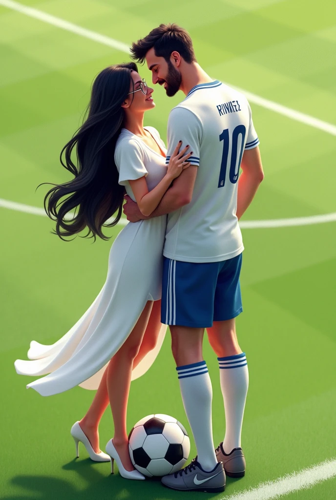 A woman and man standing in football ground looking at each lovingly and hugging each other.woman is wearing a dress and glasses.she has black hair .man is wearing a white and blue 32 number jersey. Man is 1 feet taller than girl. Man one foot standing on soccer ball . Girl is wearing high heel and long white dress make girl hair set. Make them realistic