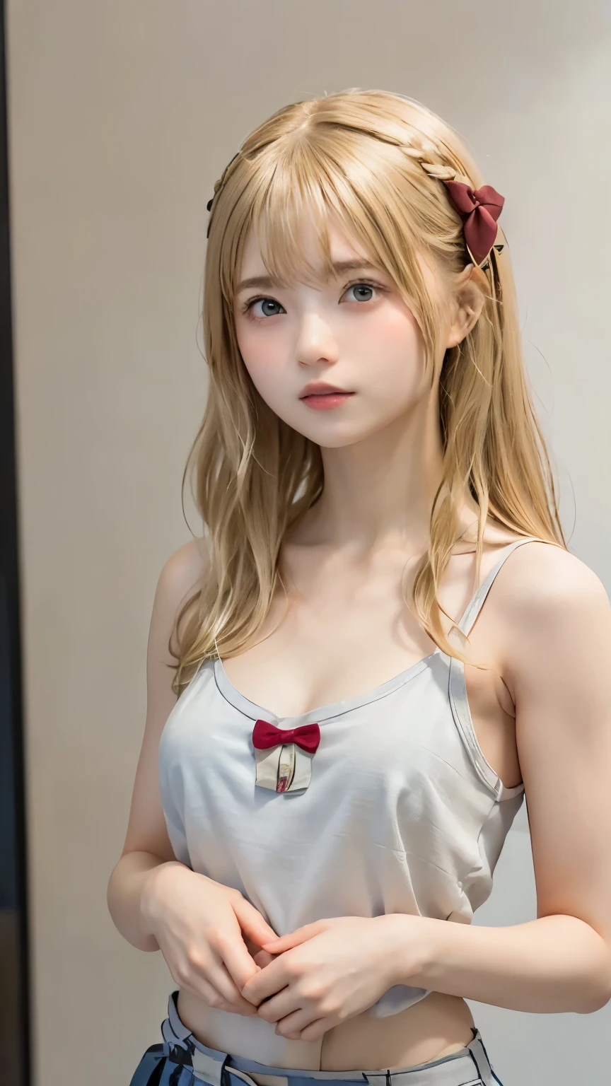 1 person,Beautifully detailed face:1.3、Face close-up:1.6、The whole face fits in the frame:1.6、((She wears a big red bow in her hair like a French doll.......:1.6))、 ((Small breasts:1.7))、(A sheer camisole with a loose fit around the chest:1.7), ((I'looking forward to it:1.6))、Pink Eyeshadow:1.6、((Looking into the camera:1.3))、Very beautiful Japanese idol portraits,
(RAW Photos, Highest quality), (Realistic, Realistic:1.4), (masterpiece),
Very delicate and beautiful, Very detailed, 2k wallpaper, wonderful, finely, Very detailed CG Unity 8k 壁紙, Very detailed, High resolution, Soft Light,
Beautiful details, Very detailed目と顔, Beautiful and sophisticated nose, Big beautiful eyes, Cinema Lighting,
(Simple and solid background:1.3),
(Blonde medium hair:1.5), (Parted bangs),
Complete Anatomy, Slender body,Very Small breasts, Sensual look