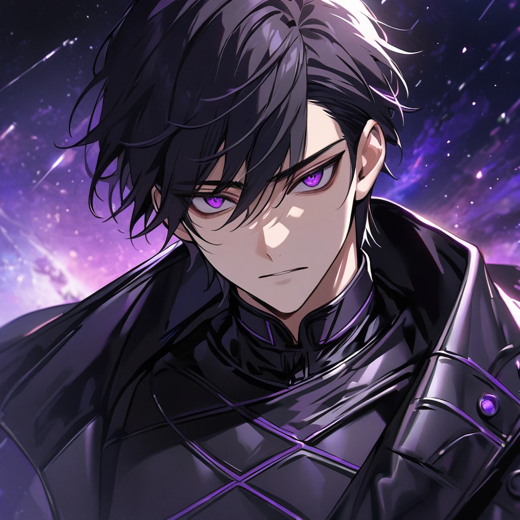 High quality, HD, 4k, no shadows, handsome male, handsome, extremly handsome, 1male, 1 male, teenager, pure black hair, short black hair, dark hair, black hair, jet black hair, sharp eyes, deep purple colored eyes, dark purple colored eyes, deep violet eyes, violet eyes, devil may cry, close up, calm expression, stoic expression, black leather clothes, black leather clothing, leather clothing, lean body, well trained body, upper body, looking at viewer, cowboy shot, white solar, space background