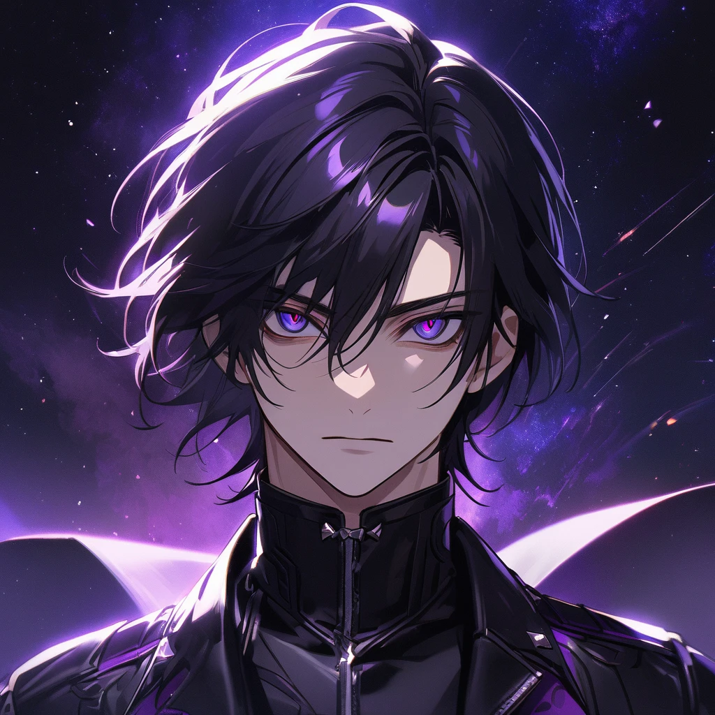 High quality, HD, 4k, no shadows, handsome male, handsome, extremly handsome, 1male, 1 male, teenager, pure black hair, short black hair, dark hair, black hair, jet black hair, sharp eyes, deep purple colored eyes, dark purple colored eyes, deep violet eyes, violet eyes, devil may cry, close up, calm expression, stoic expression, black leather clothes, black leather clothing, leather clothing, lean body, well trained body, upper body, looking at viewer, cowboy shot, white solar, space background