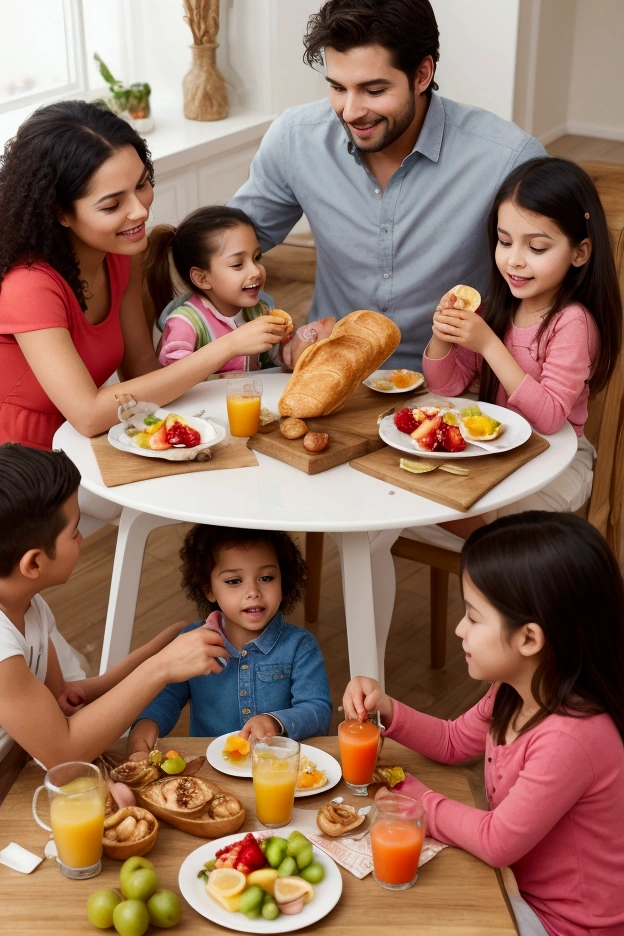 create images of a family (woman, man, children) gathered around the table having breakfast and on the table there are fruits, juices and bread