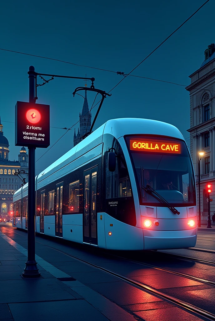 A graphic showing a tram. 
Vienna, modern 
Mit der aufschrifft Gorilla Cave 
Das ganze bei nacht
Die Stadt Vienna im hintergrund
Straßenbahnanzeigetafel Gorilla Cave
Etwas anders