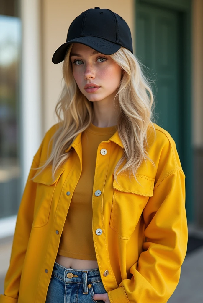 Rosemary Winters, black basecap, yellow jacket, jeans, light blonde hair, pale skin
