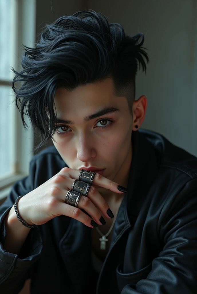 make a boy with a bed boy style with short hair and rings on his fingers kind of vampire hair shorter like a pompadour or bangs 