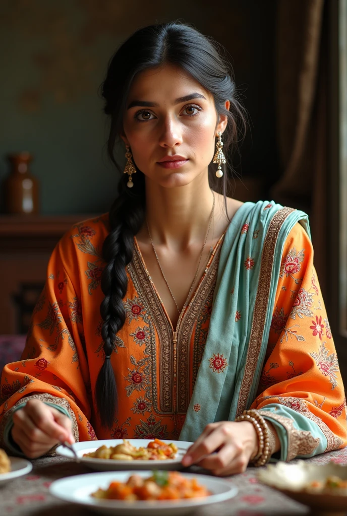 Lady in Pakistani dress around 40 to 50 eating posture on table