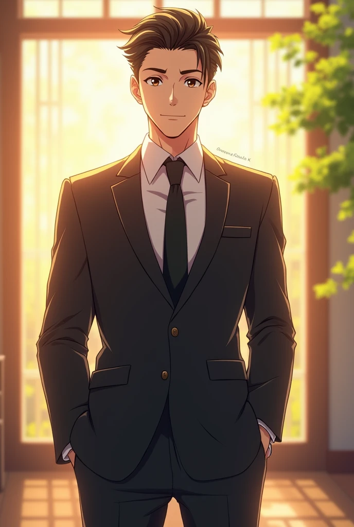 A 38-year-old, tall, rich businessman with a young face, wearing a suit, brown eyes, relatively thick eyebrows, medium nose, handsome, standing and looking in front. His body is hot and strong, his black hair is neat . anime fantasy guy . sunlight make his white skin brighten .