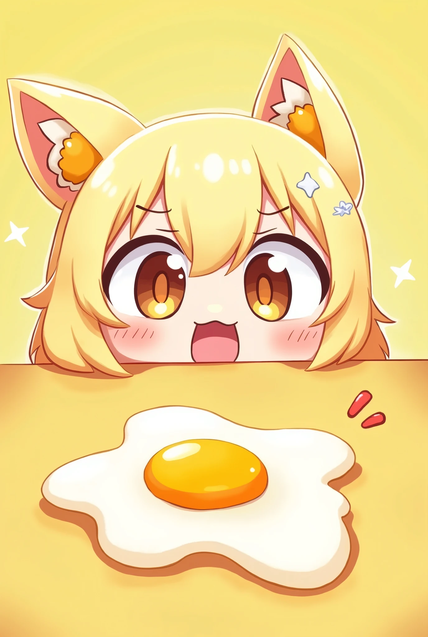 Anime, cartoon rendering, illustration,2D, 2d digital art,Fine contour lines,, sharp illustrations,break,happy scene,Sparkling fried egg,fried egg, wiener, eyes sparkling at the sight of fried egg, よだれ, happy face, cute,
