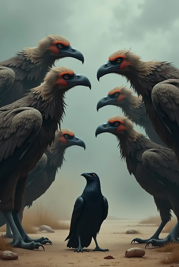 5 vultures, which are much bigger than the crow, are begging the crow for food