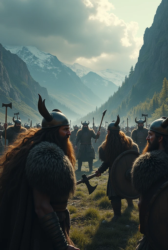 Create a detailed image of Viking warriors in action. They must be in a battle environment, with a Nordic landscape in the background. Warriors must wear typical Viking-era armor, like horned helmets (or without), chainmail shirts, and carry round shields and axes. Include details like long beards, voluminous hair and fierce expressions. The atmosphere should be dark and epic., with dark clouds and dramatic light. documentary style