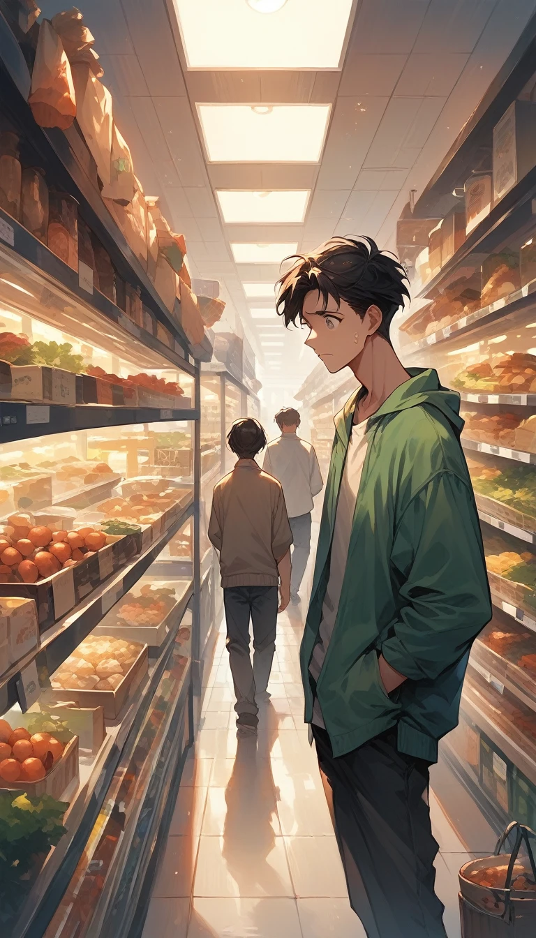 A supermarket with empty rice shelves, people looking worried, soft lighting emphasizing the scarcity.