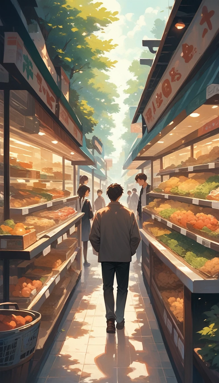 A supermarket with empty rice shelves, people looking worried, soft lighting emphasizing the scarcity.