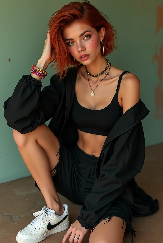 Une fille avec les cheveux auburne avec une wolf cut des yeux brun foncé des habits larges et noirs un short des baskets blanches nike des joues légèrement roses et un grin de beaute sur la joue des bracelets brésilien au poignet et chevilles, blanche bronzé