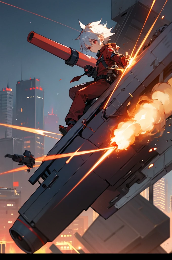 A boy of about with silver hair and red eyes is blowing up the city. Shota Cyborg. His right arm has been transformed into a cannon.、Red energy is emitted、It's piercing the building, launching missiles from the six-barreled catapults equipped on both shoulders, carrying out a bombing attack.