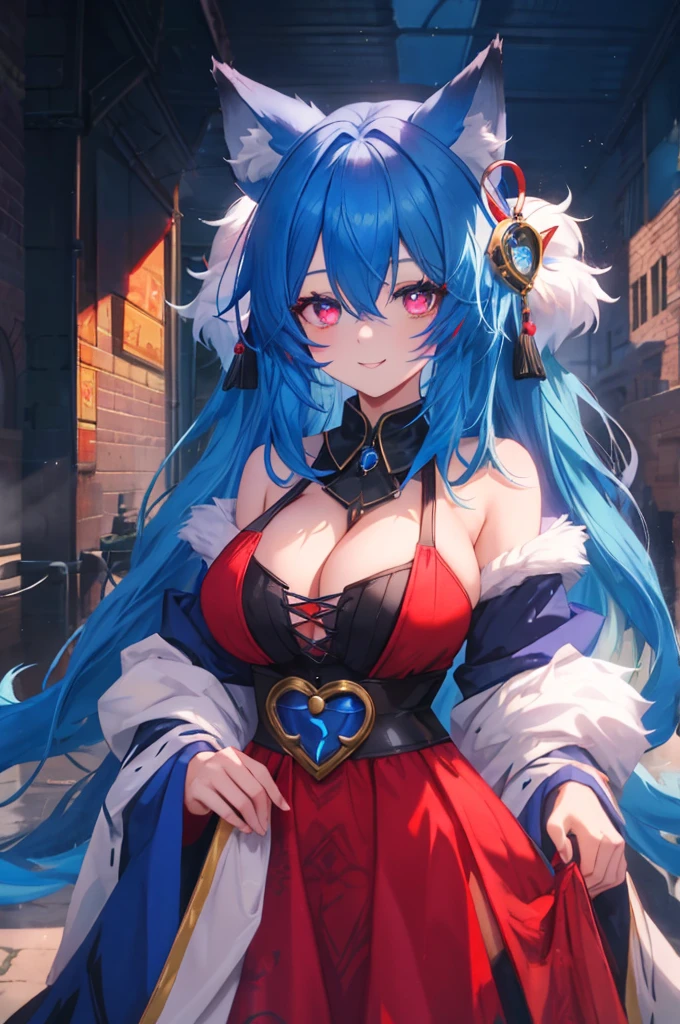 One person, narrow, Fox Ears. Six fox tails behind her, Blue Hair, Long Hair, Blue fur, Big Breasts, sexy, Attractions, ((Blue face mark)), Red eyes, Messy Hair, Medieval dress, Red dress, He ran, (Captivating smile), Excited, Heart-shaped pupils