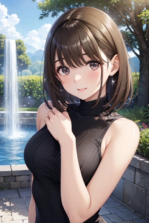 anegasaki nene、Shiny brown hair, short hair, (Beautiful brown eyes、Sparkling eyes, Fine grain)、smile、Ultra-detailed eyes、Highly detailed face, Highly detailed eyes,
Highest quality:1.2、masterpiece、Film Grain、one person's、Cute Face、Fuller lips、
Beautiful brown hair、Transparent grey eyes、Black Turtleneck Dress、The body is slim、Summer Park、Park with a fountain、