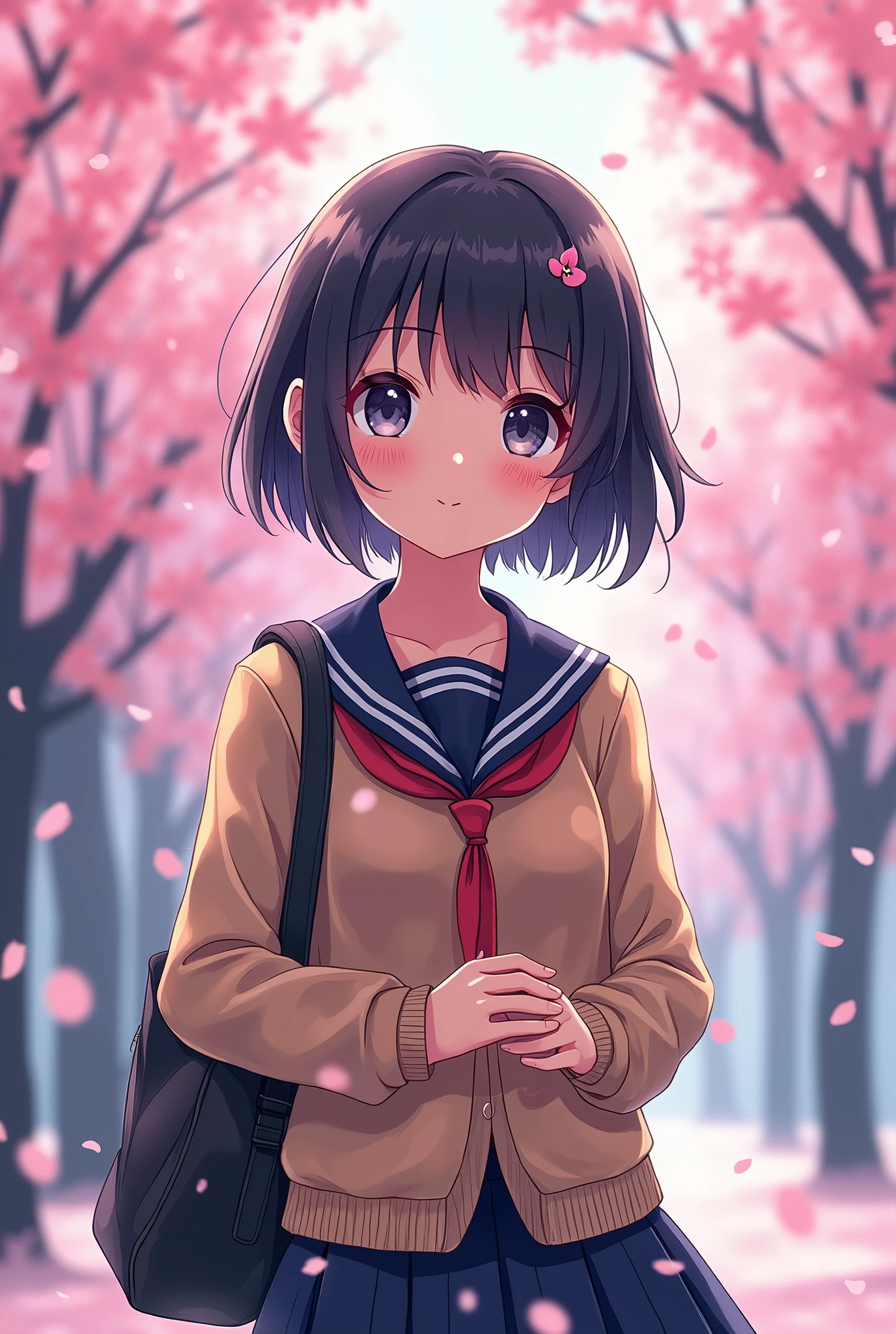 Anime, cartoon rendering, illustration,2D, 2d digital art,Fine contour lines,, sharp illustrations,break,(Eyes small;0.9),Cherry blossoms in full bloom, cherry blossom snowstorm, female student, holding student bag with both hands, break, Boyish pretty girl, short cut, black hair, hairpin, shy face, high school girl